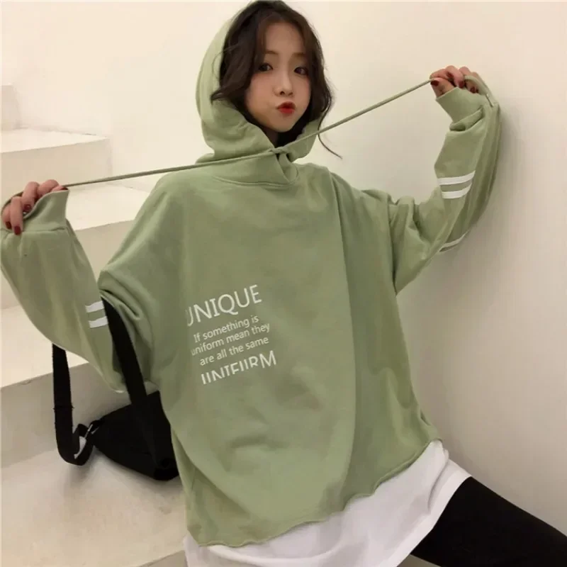 Spring Autumn Women New Version Of Fake Two-piece Front And Back Letter Printing Hooded Sweater Girl Student Korean Trend Y2k