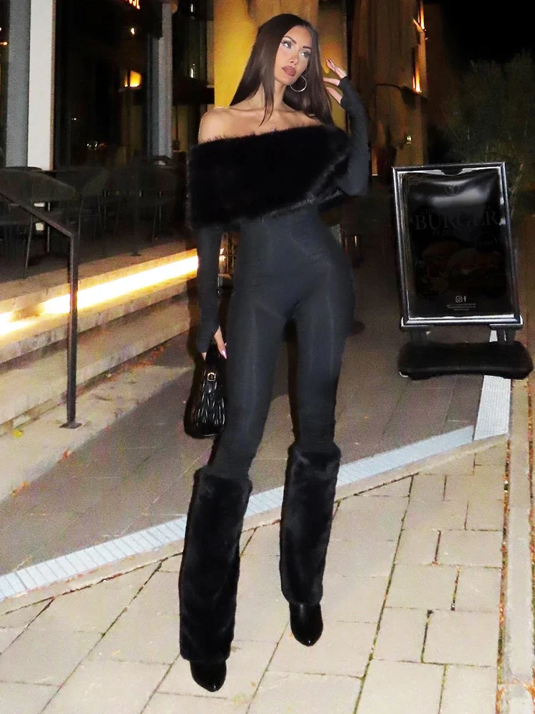 

Leosoxs Hipster Furry Patchwork Jumpsuit Women Slash Neck Full Sleeve Sexy Winter Simple Stretch Skinny Street Club Overalls