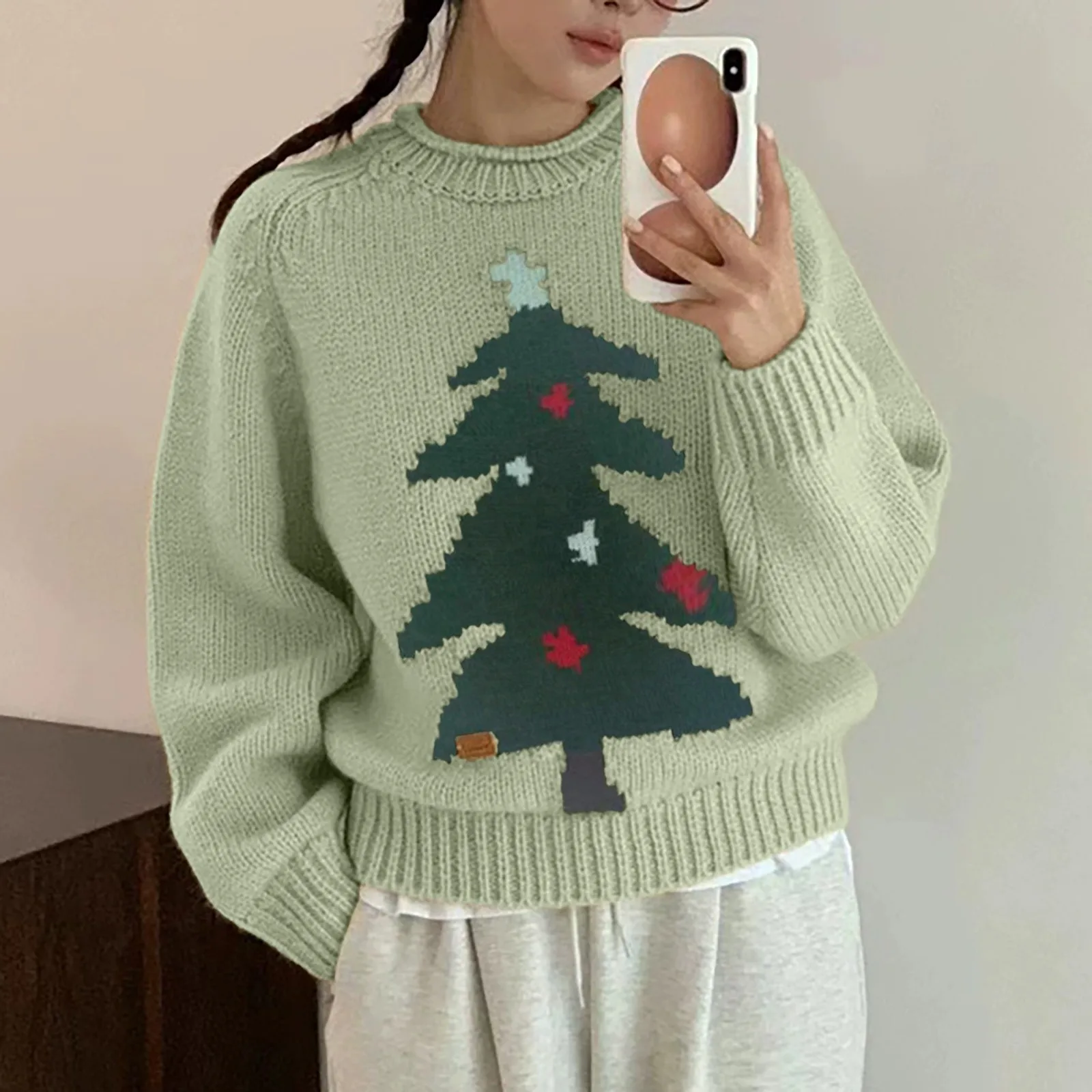 Christmas Tree Print Crew Neck Knit Sweater Fall Winter Casual Long Sleeve Pullover Graphic Loose Young Sweater Tops Women