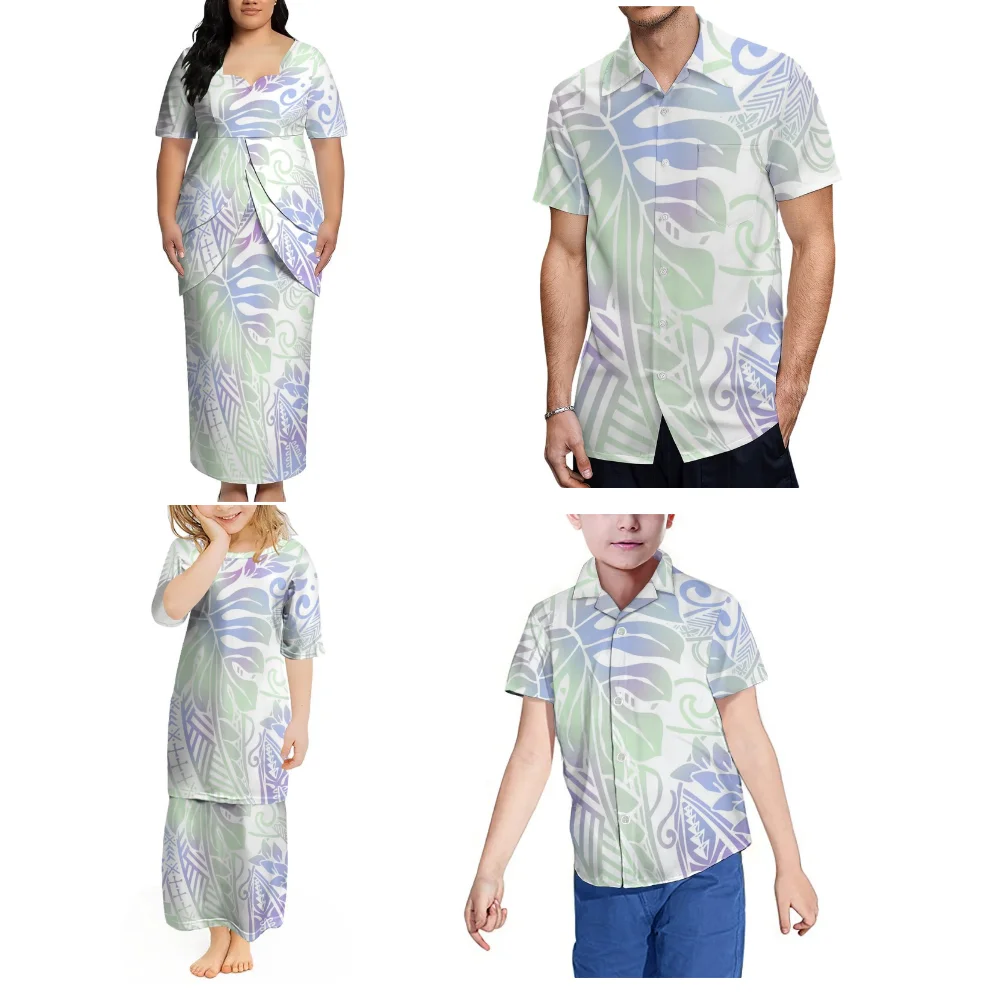 Conjunto Familiar Puletasi com Design Inovador, Camisa Masculina com Estampa Personalizada em Alta Definição e Vestido Longo Feminino.