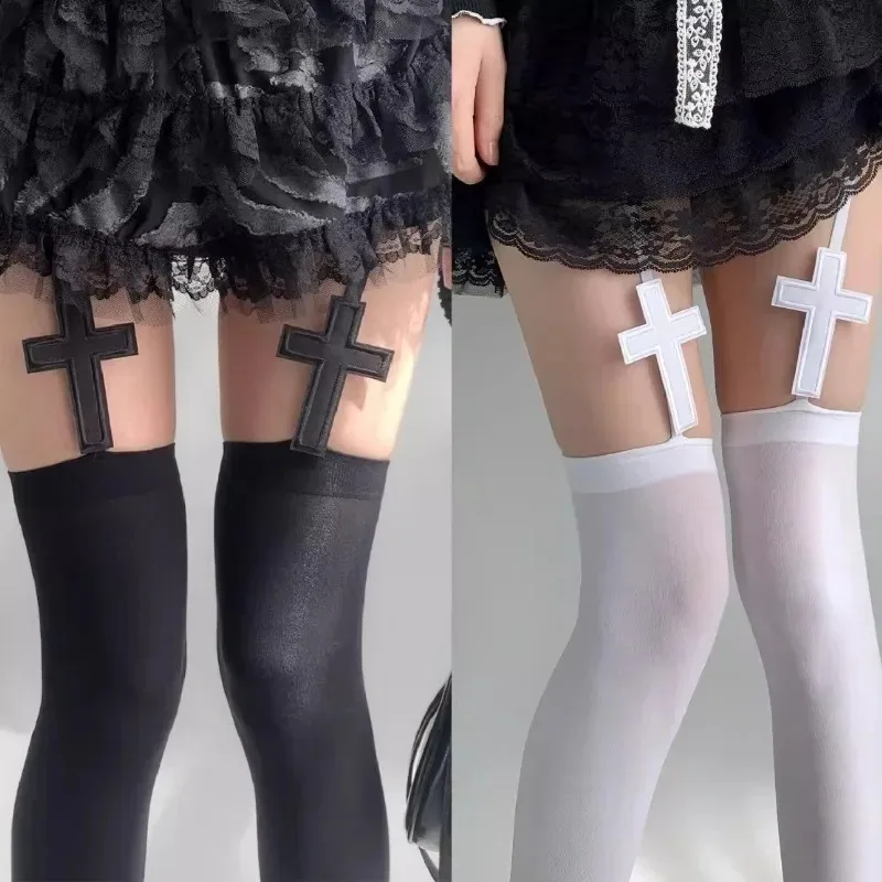 Y2k أسود أبيض عبر جوارب القوطية لوليتا مثير حزام جوارب طويلة جوارب طويلة إلى الركب الفخذ العليا الجوارب النساء الفتيات موضة Legwear