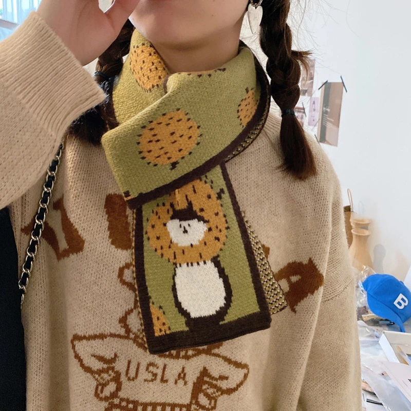 Winter Scarves For Women Cartoon Print Knitted Neck Scarfs For Ladies Long Shawl Wraps Cute Neckerchief Warm Scarf Girls Boy