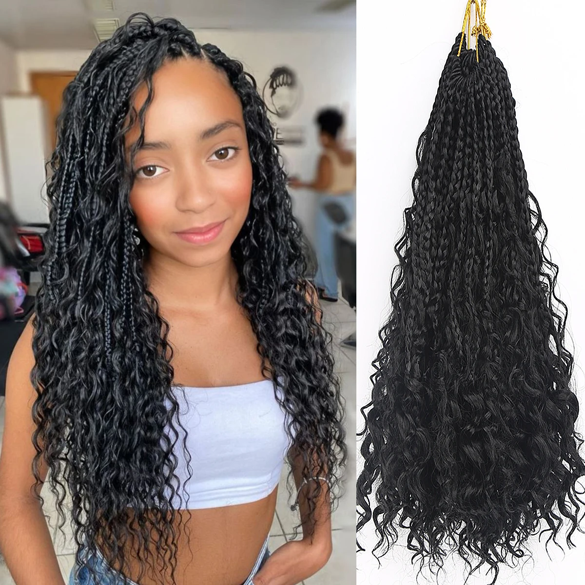 24Inch Synthetic Crochet Hair Ombre Box Bohemian Braids Curly Ends Pre Stretched Braiding Hair Extensions for Women Black Brown