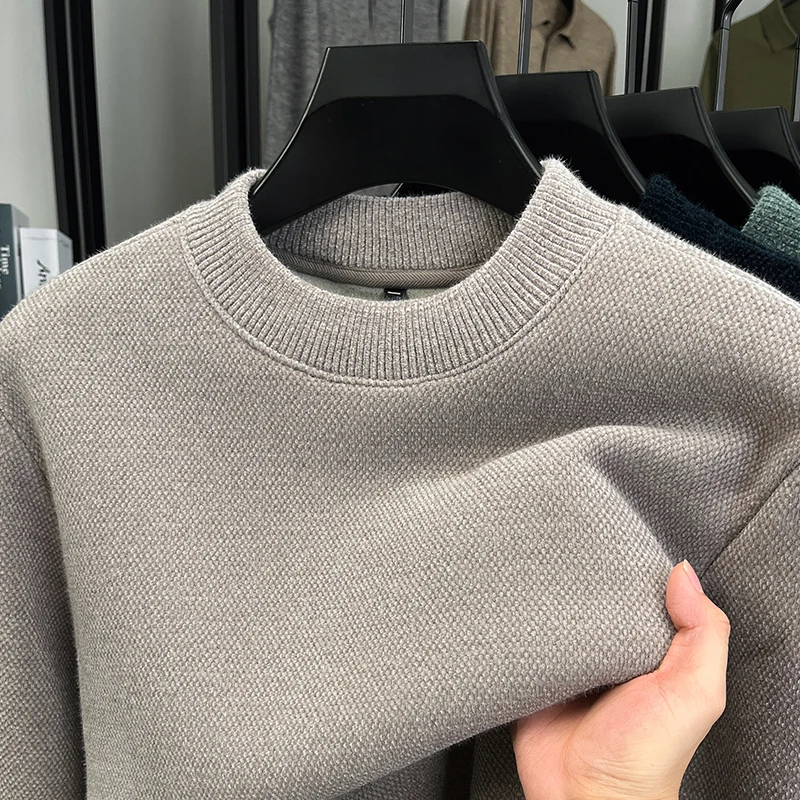 

High End Quality Men's Knitted Sweater Solid Color Plush Thick Semi High Neck Long Sleeve Pullover Winter Versatile Menswear Top