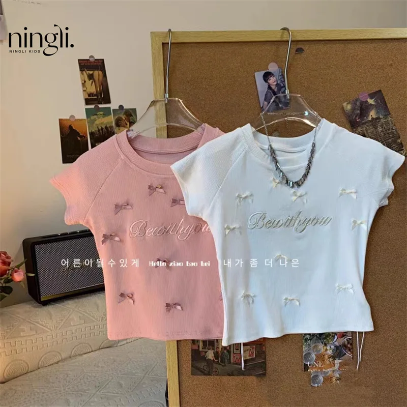 Camisa ajustada de manga corta con lazo para niña, ropa nueva de moda para niños, chaleco dulce, 24