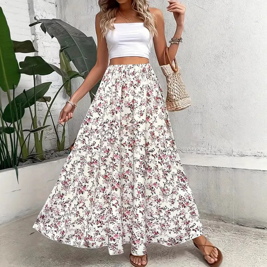 Women's Floral Print Bohemian Midi Skirt High Waist A-Line Skirts Summer Beach Maxi Skirt