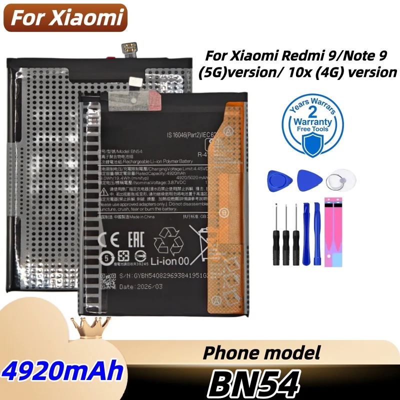 

2026 Years 6020mAh BN54 Battery For Xiaomi Redmi Note 9 Note9 5G / Redmi 10X 4G Version /Redmi 9 Mobile Phone Battery+Free tools
