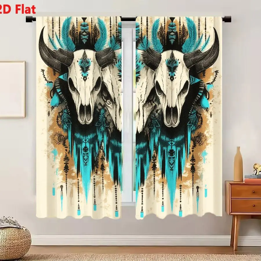2Pcs Curtains 2D Flat BOHEMIAN NATIVE AMERICAN STYLE SKULL ART WITH TURQUOISE GEOMETRIC FEATHER DESIGNS AND BLACK TRIBAL PATTERN