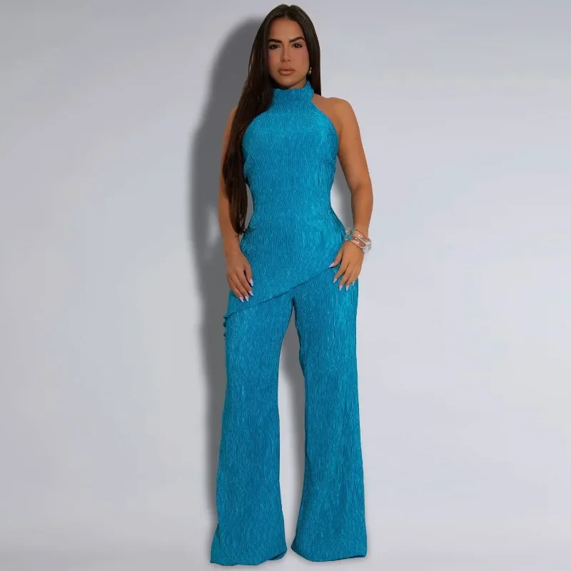 

GUWU Fashion Women's Set Sleeveless Halter Neck T-shirt and Wide Leg Pants 2025 Summer Vacation Two 2 Piece Sets Outfit