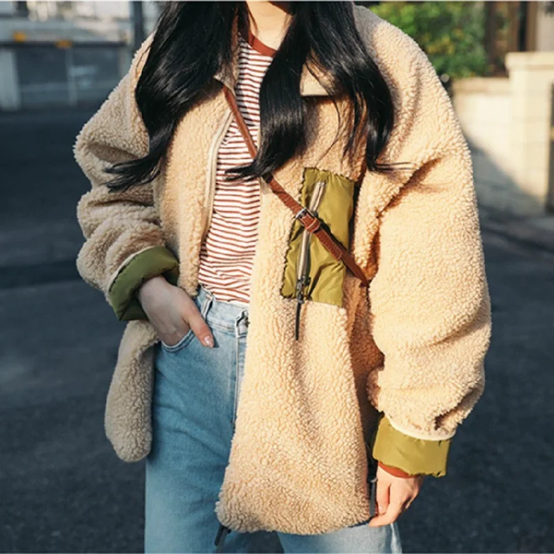 Matakawa 4 Colors Autumn Winter Coats Women Lamb Wool Thick Autumn Winter Jackets Stand Collar Zipper Japan Style Chaquetas