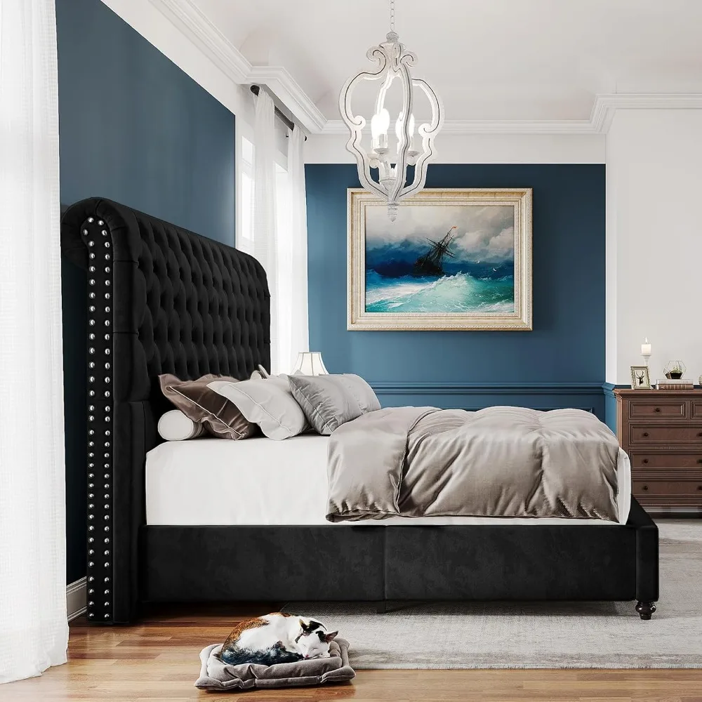 

King Bed Frame Upholstered Platform Bed Frame with 53'' Tall Sleigh Headboard, Button Tufted, No Box Spring Needed.