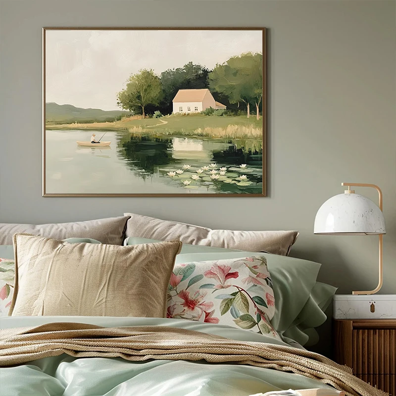 Vintage Classic Countryside Coastal Landscape Poster Serene Nature River House Field Wall Art for Gallery Living Room Home Decor