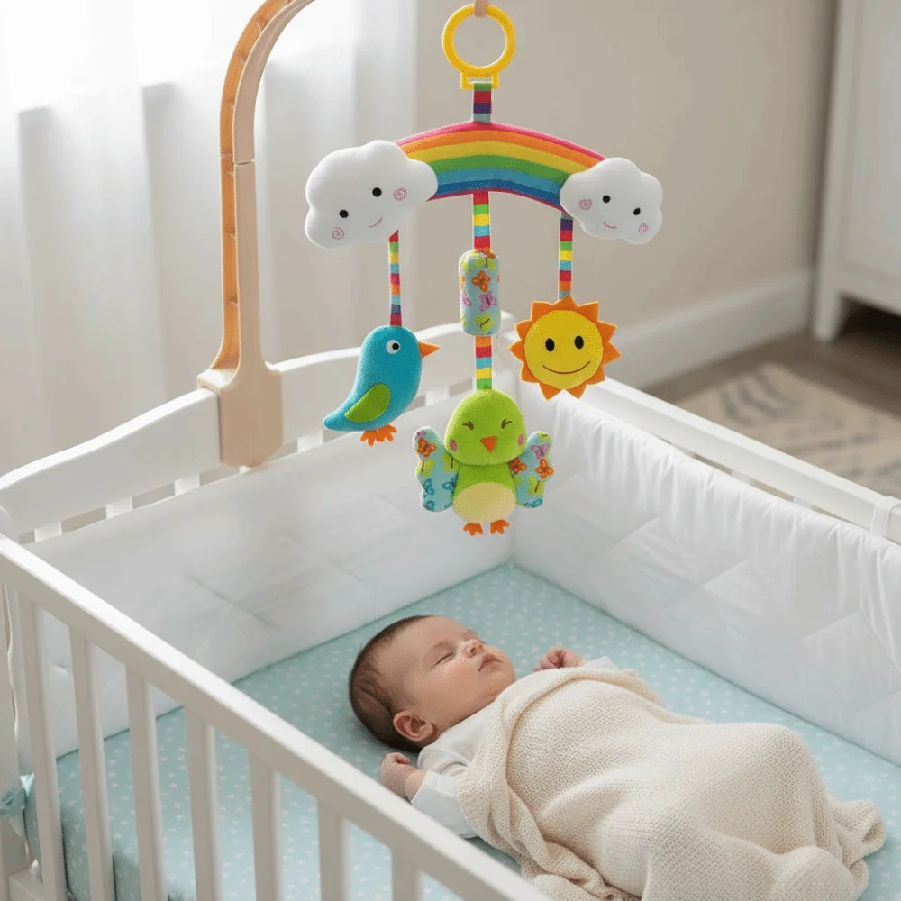 Giocattoli in Peluche per Neonati, Sonagli Sensoriali Morbidi, Campanello Colorato Arcobaleno, Giocattolo in Peluche con Funzione Massaggiagengive, Giocattolo per Seggiolino Auto 0-12 Mesi
