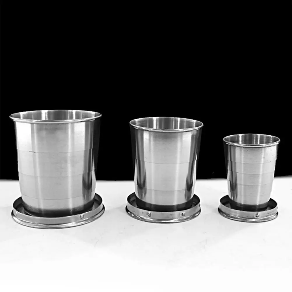 Small Foldable Cup Collapsible Stainless Steel Travel Cup with Keychain Foldable Outdoor Drinking Mug for Camping Hiking Fishing