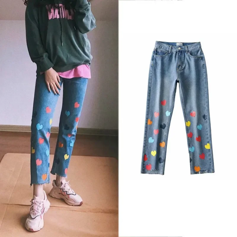 

INS Rock Style Heart Printed Jeans Woman High Waist Ankle-Length Pencil Pants 2024 Women Blue Vintage Plus Size Denim Pants Jean