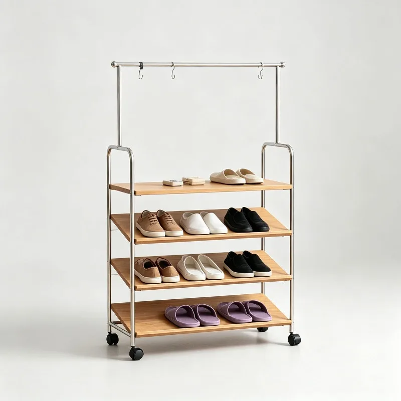 Multifunctional shoe rack with hook, stainless steel universal wheel floor-to-ceiling multi-layer shoe bag storage