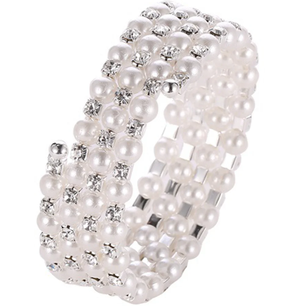 اللؤلؤ الراين الإسورة سوار بسط الزفاف المعصم مجوهرات النساء مظهر رائع سهلة ارتداء هدية مثالية عيد ميلاد #4