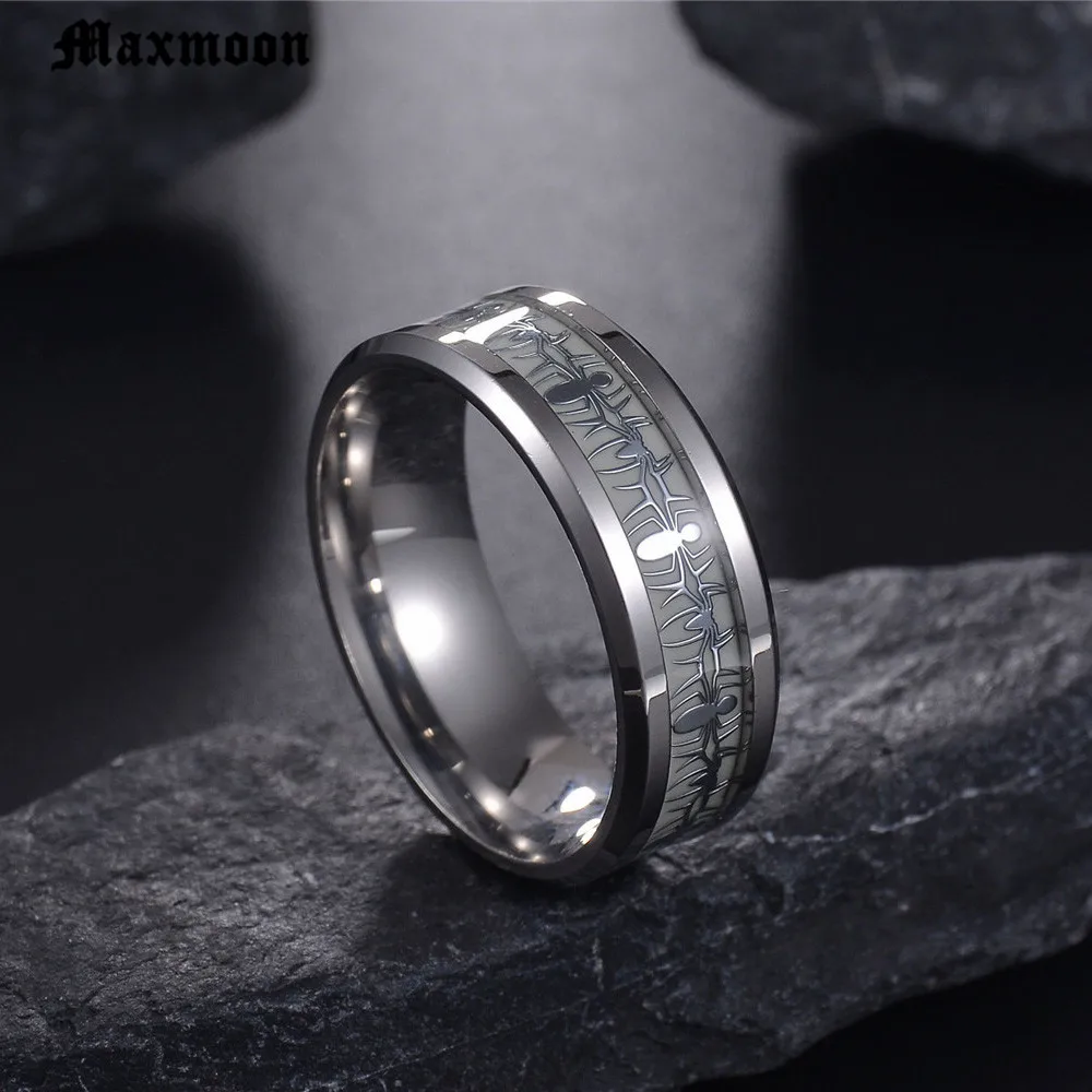 Maxmoon Stainless Steel Glow in the Dark Ring Spider  Luminous Ring for Men Personalized Glow Wedding Band Ring Male