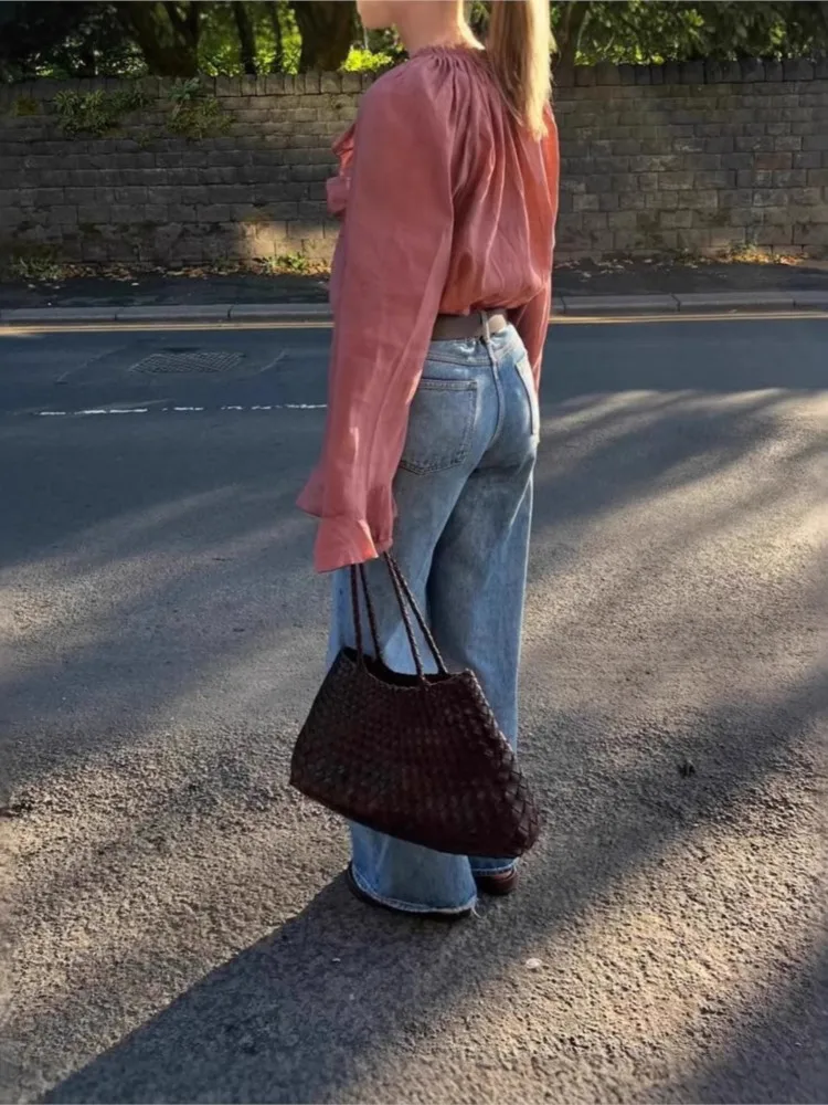 Summer New Wine Red Lace Up Ruffles Women Shirt Temperament Casual Semi-Transparent V Neck Long Sleeve Versatile Top For Women