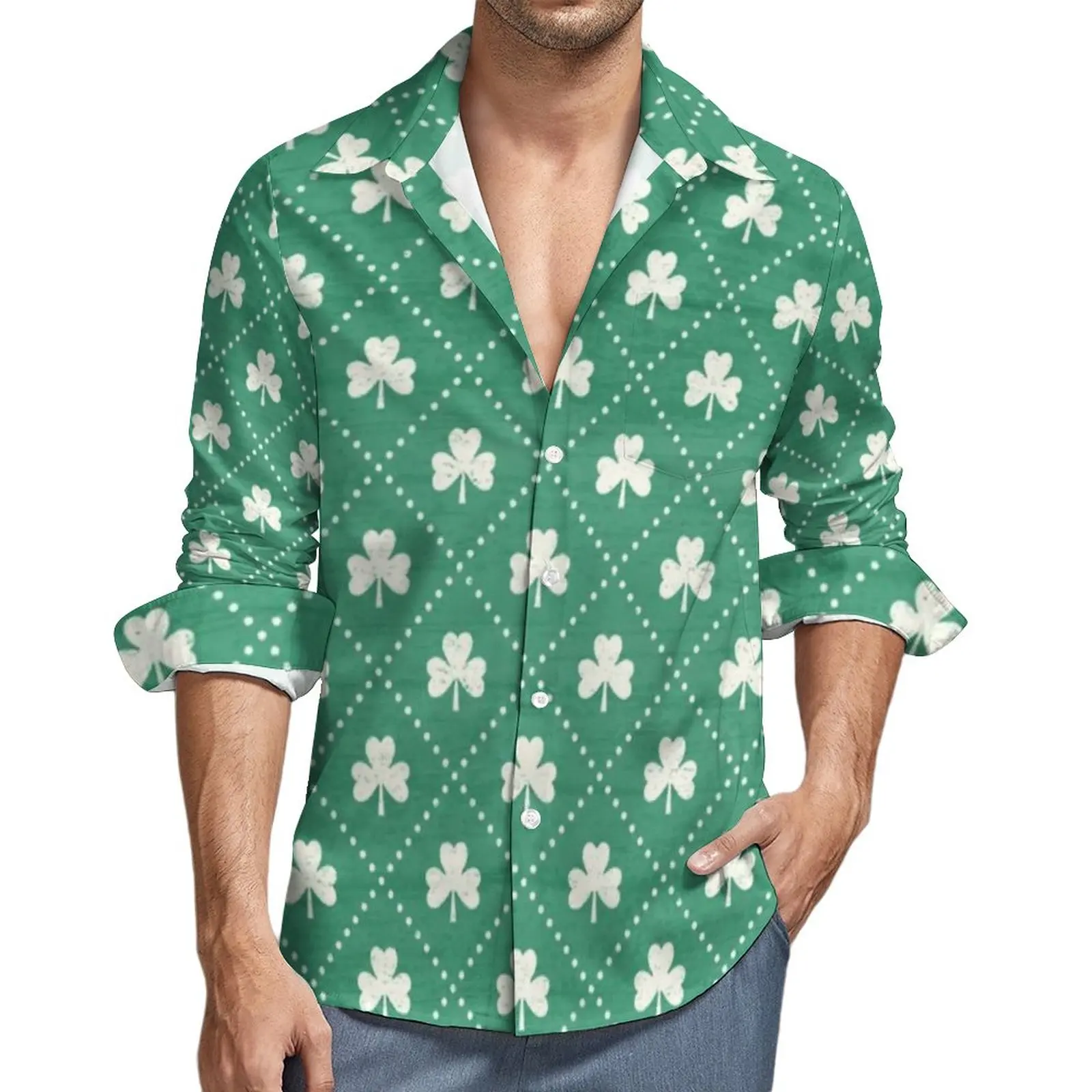 

St Patricks Day Shirt Shamrock On Emerald Casual Shirts Long Sleeve Graphic Stylish Blouses Spring Vintage Oversized Clothing