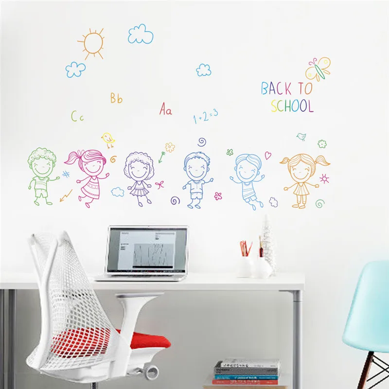 Happy Boys Girls Pupils Back To School Wall Sticker Home Decoration Kids Room Bedroom Mural Art Diy Nursery Wall Decals