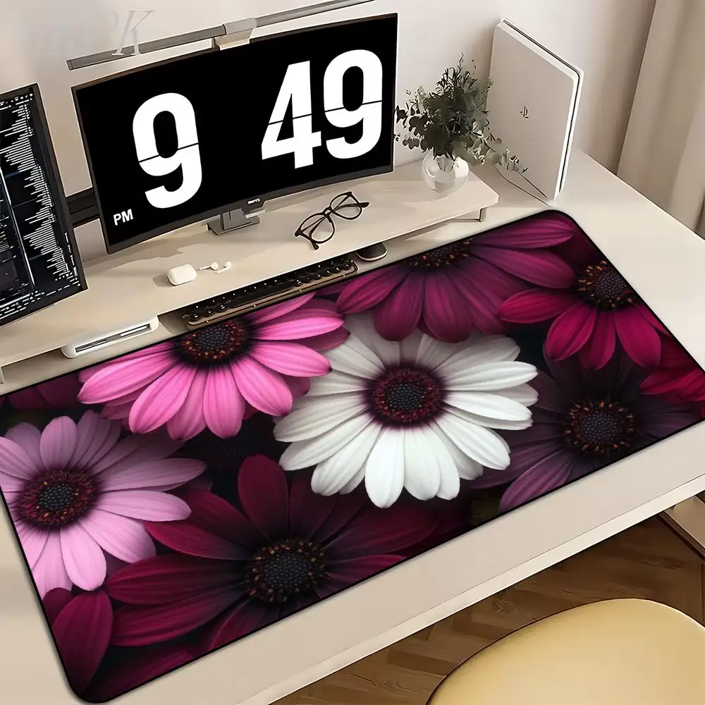 Large XXL Gaming Mouse Pad Desk Mat Keyboard Pad Pink White Purple Daisy Flower Floral Print Non Slip Rubber Base Stitched Edge