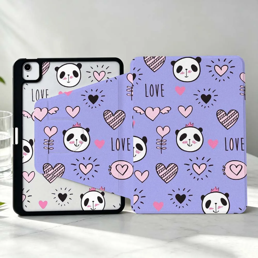 Design Heart-Shaped Panda For iPad Pro Air mini 6 5 4 12th M5 M4 M3 M2 A16 A17Pro 360° Rotation Stylus Storage Tablet Case