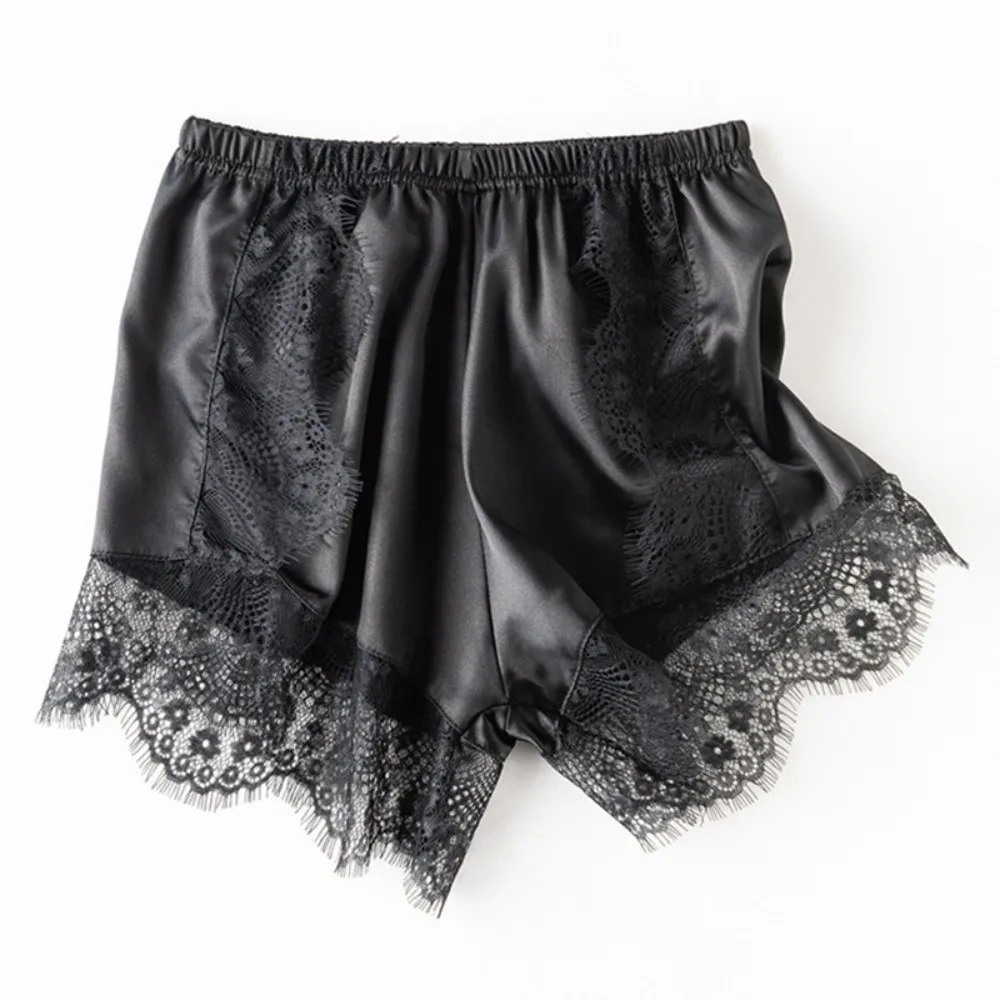 Casual Satin Safety Shorts Elastic Waist Lace Trim Lace Underwear Thin Solid Color Summer Shorts