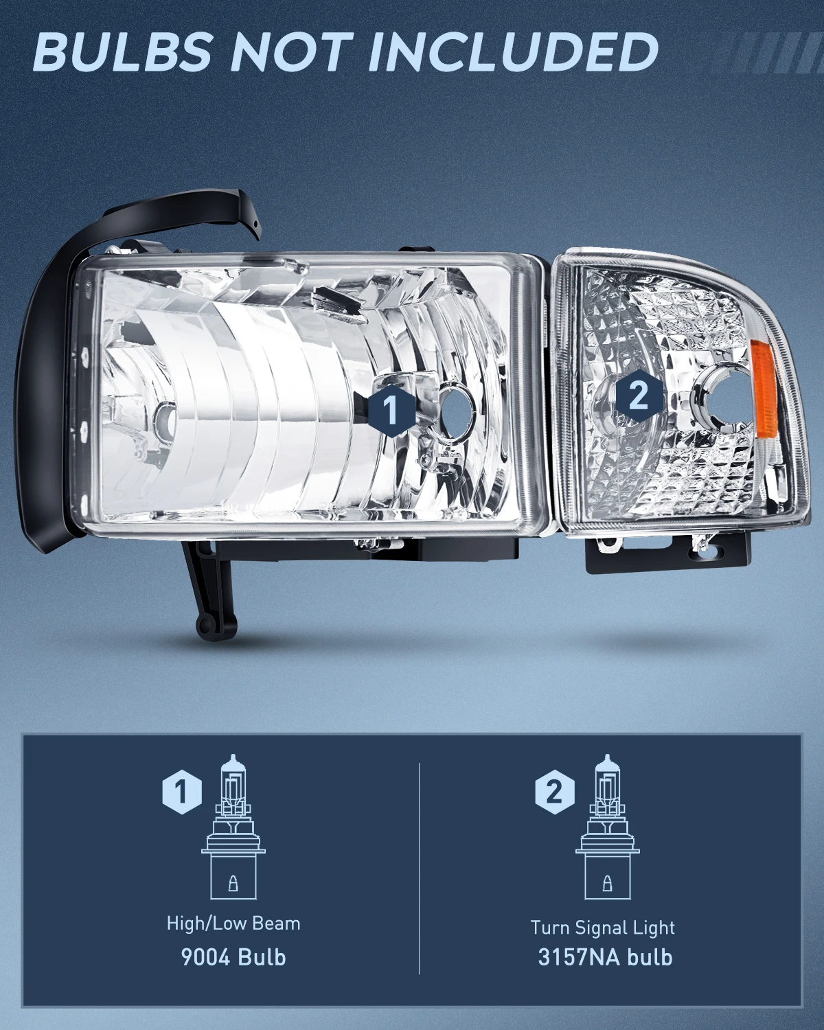 Nilight Headlights Replacement Assembly Kit Compatible with 1994 1995 1996 1997 1998 1999 2000 2001 2002 Ram 1500 2500 3500 Chrome Replacement, 2 Pack, Driver and Passenger Set