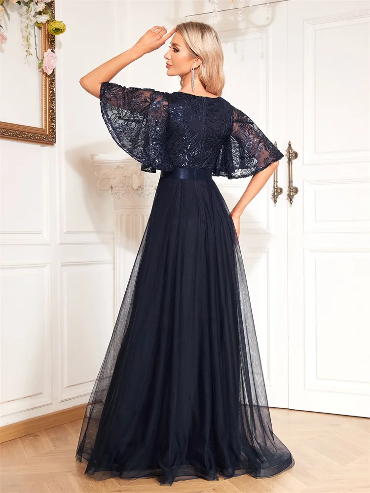 Lucyinlove-Robe de Soirée à Paillettes pour Femme, Col en V, Manches Courtes, Bleu, Élégante, Longueur au Sol, Bal, Cocktail, Luxe, Neuf