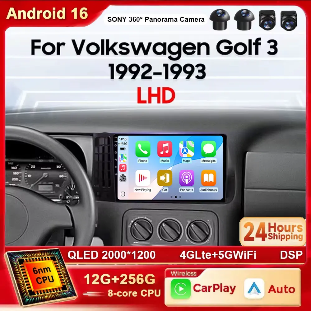 Android 16 For VW Volkswagen Golf 3 1992 -1993 2K Carplay Car Radio Multimedia Video Player Navigation stereo GPS 4G WIFI BT DSP