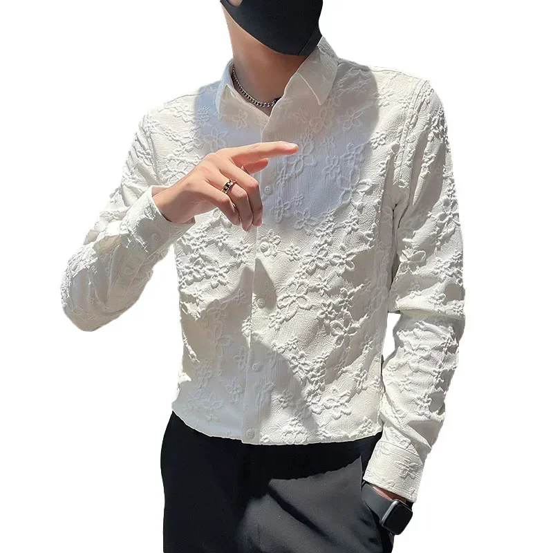 Vintage Jacquard Shirt 2025 Spring Long Sleeve Slim Fit Casual Tuxedo Fashion Man Wedding social Shirts Plus Size 4XL-M