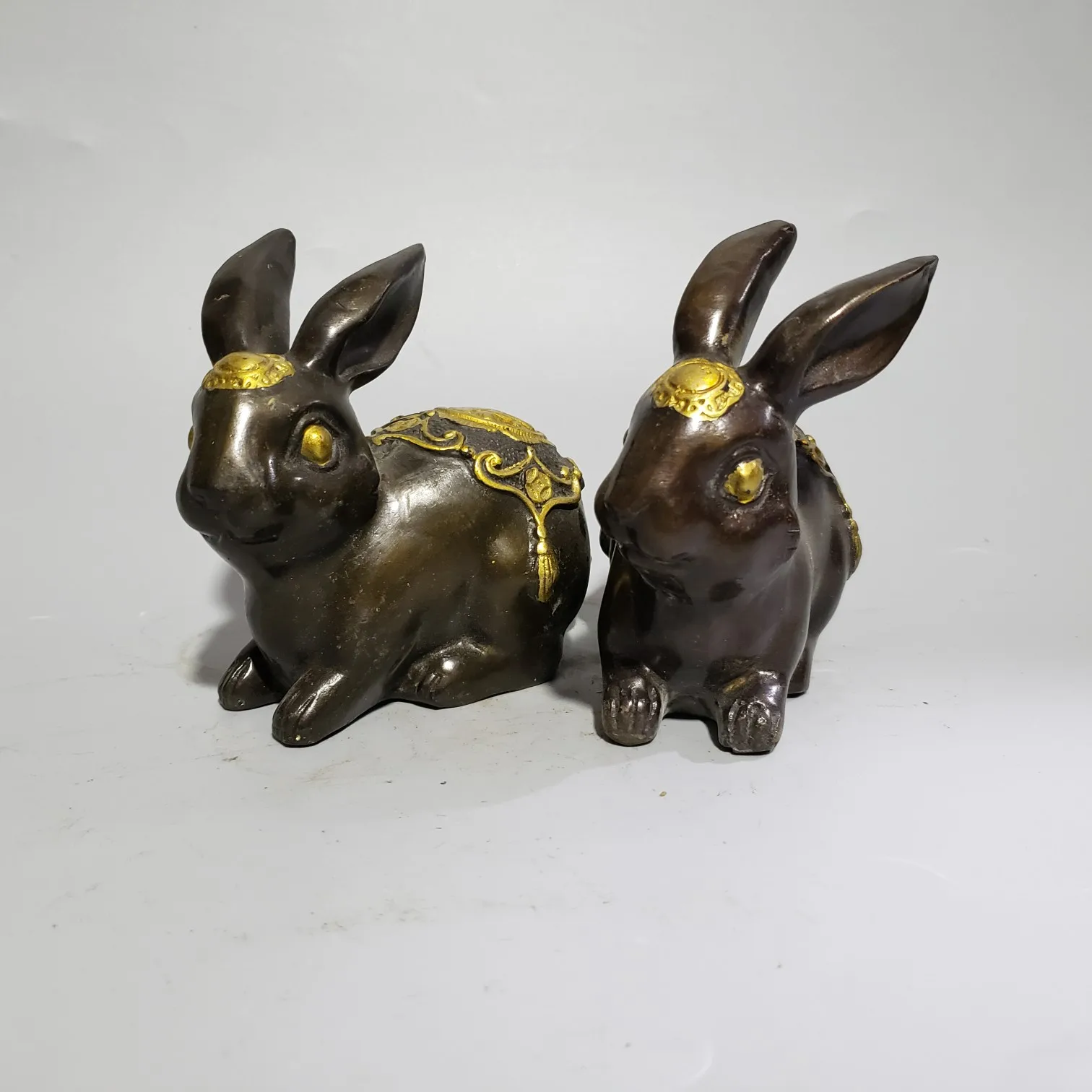 A Pair Chinese Brass Hand Made Wealth Rabbit Statue