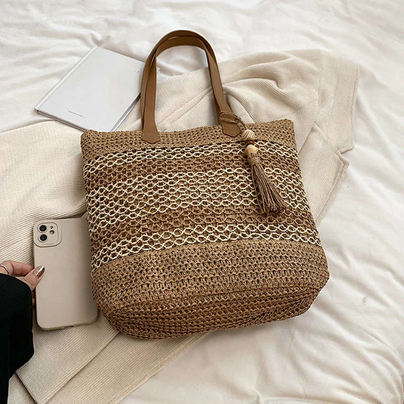 Sommer Stroh Taschen für Frauen Hohe Qualität Rattan Schulter Tasche Reise Handarbeit Gewebt Strand Handtaschen Weibliche Große Kapazität Totes – Detail 18