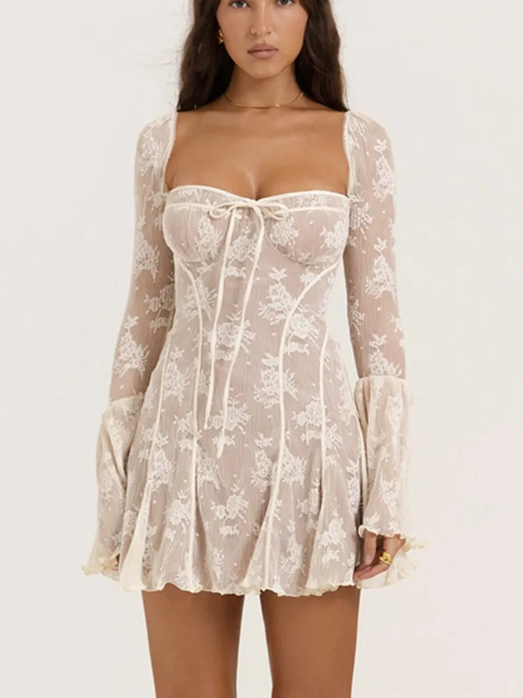 

2025 Sexy Dress Fashion Vestidos Mini vestido See Through Lace Dresses 2025 Woman Flared Sleeve Printed Ruffles Slim Elegant