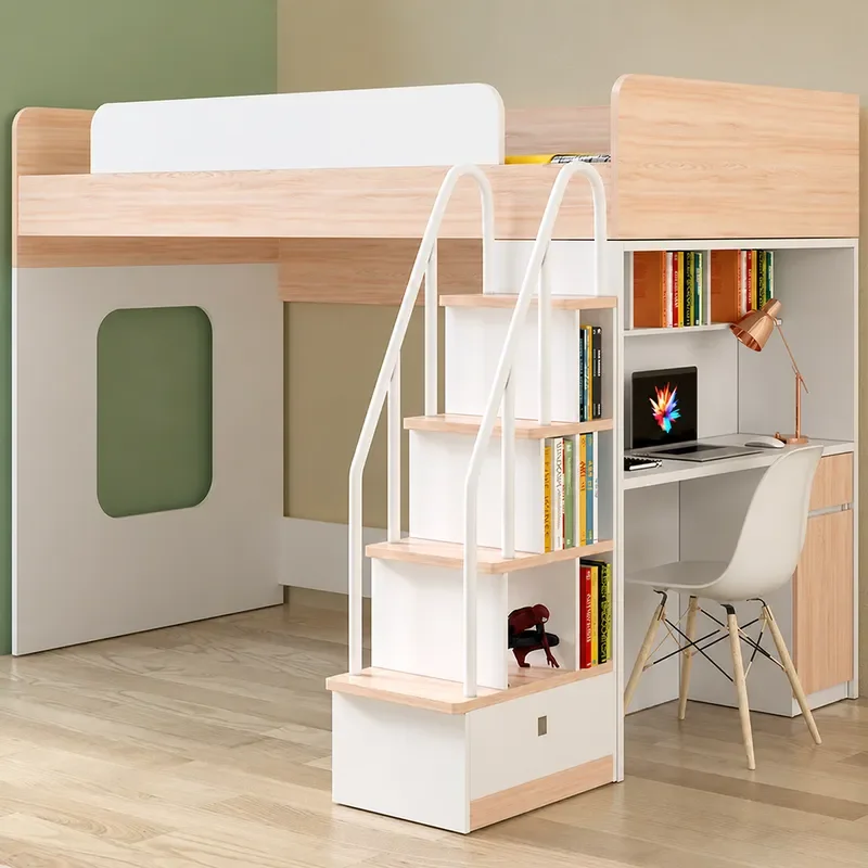 Nordic Style Staggered Bunk Bed High Low Bed Frame for Bedroom Space Saving Design Solid Wood Structure Durable Furniture