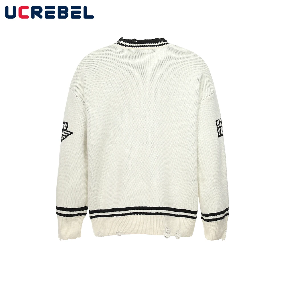 Letter Jacquard Ripped Sweater Mens High Street Autumn Winter Contrast Loose V-neck Long Sleeve Knitted Pullover Men