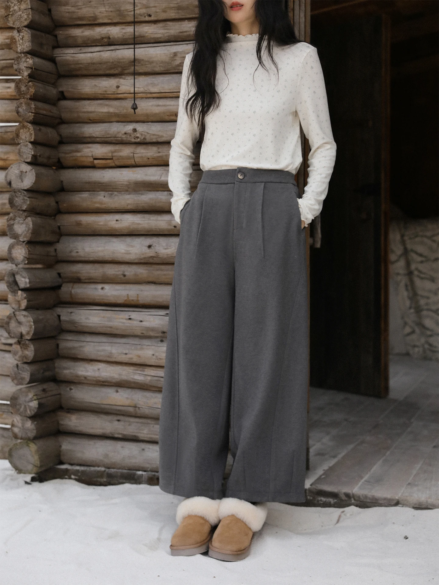 

Nesoulum French ey Tone Elastic Waist Casual Pants Women's Winter Woolen Nine Points Loose Fit High Waist Button Closure