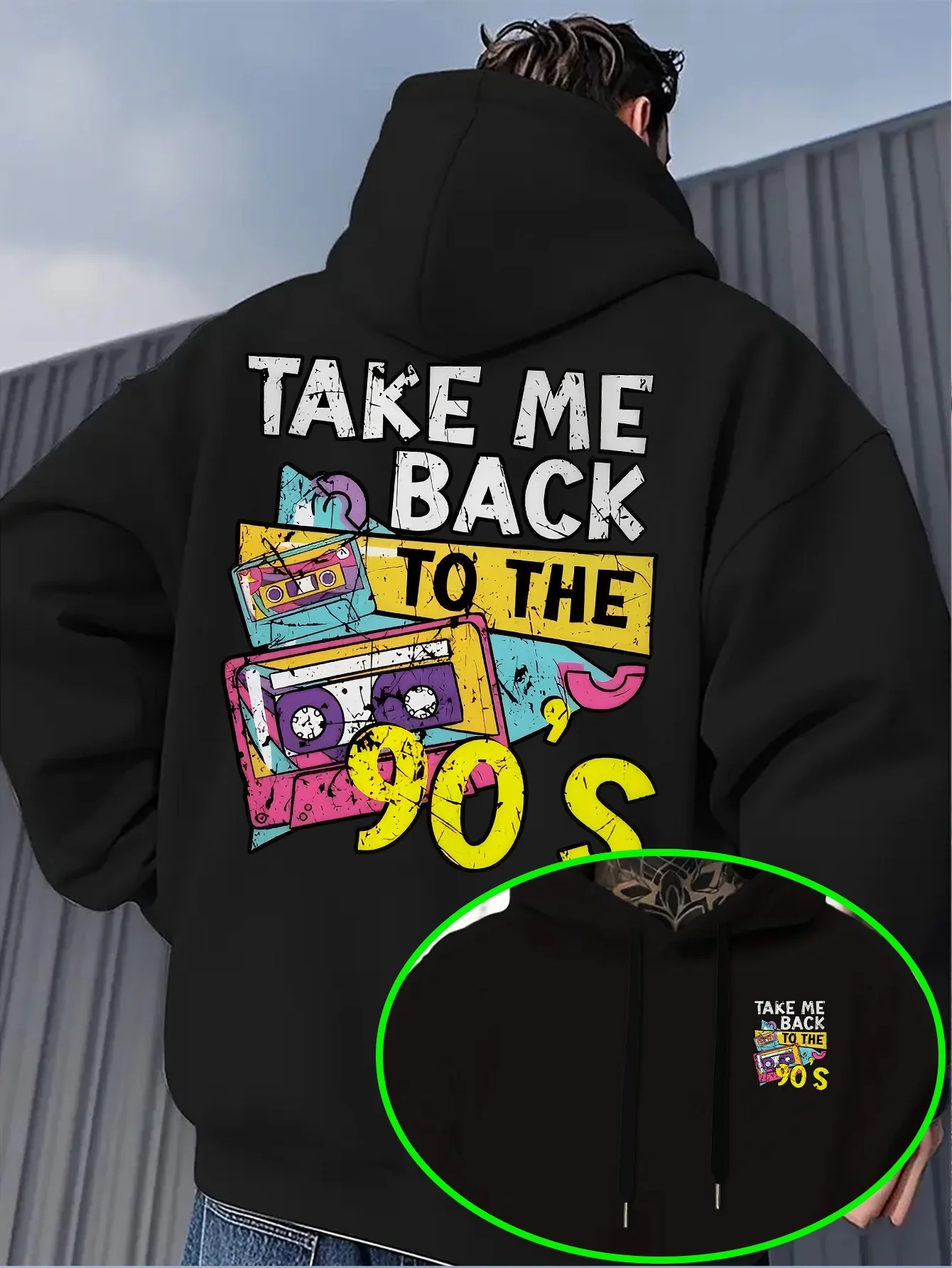 Retro music men's hooded sweatshirt, distressed, 90s tapestry print, nostalgic street urban loose everyday pullover shirt