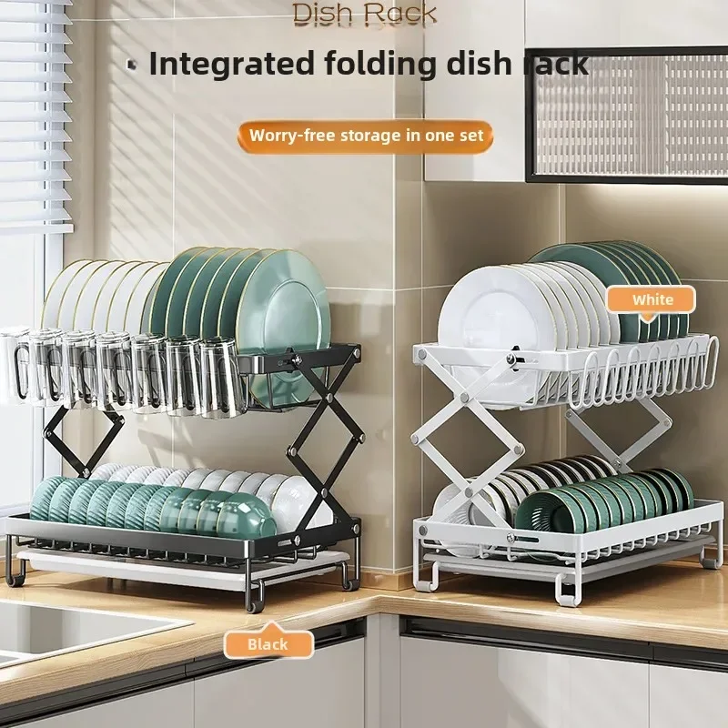 Foldable 2-Tier Dish Storage Rack Kitchen Counter Organizer with Drain Tray for Plates Utensils Cutlery Compact Dish