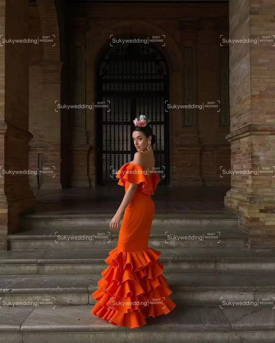 Red Mermaid Flamenco Prom Dresses Ruffles Tiered Skirt Off the Shoulder Dancing Spain Trumpet Evening Occasion Gown