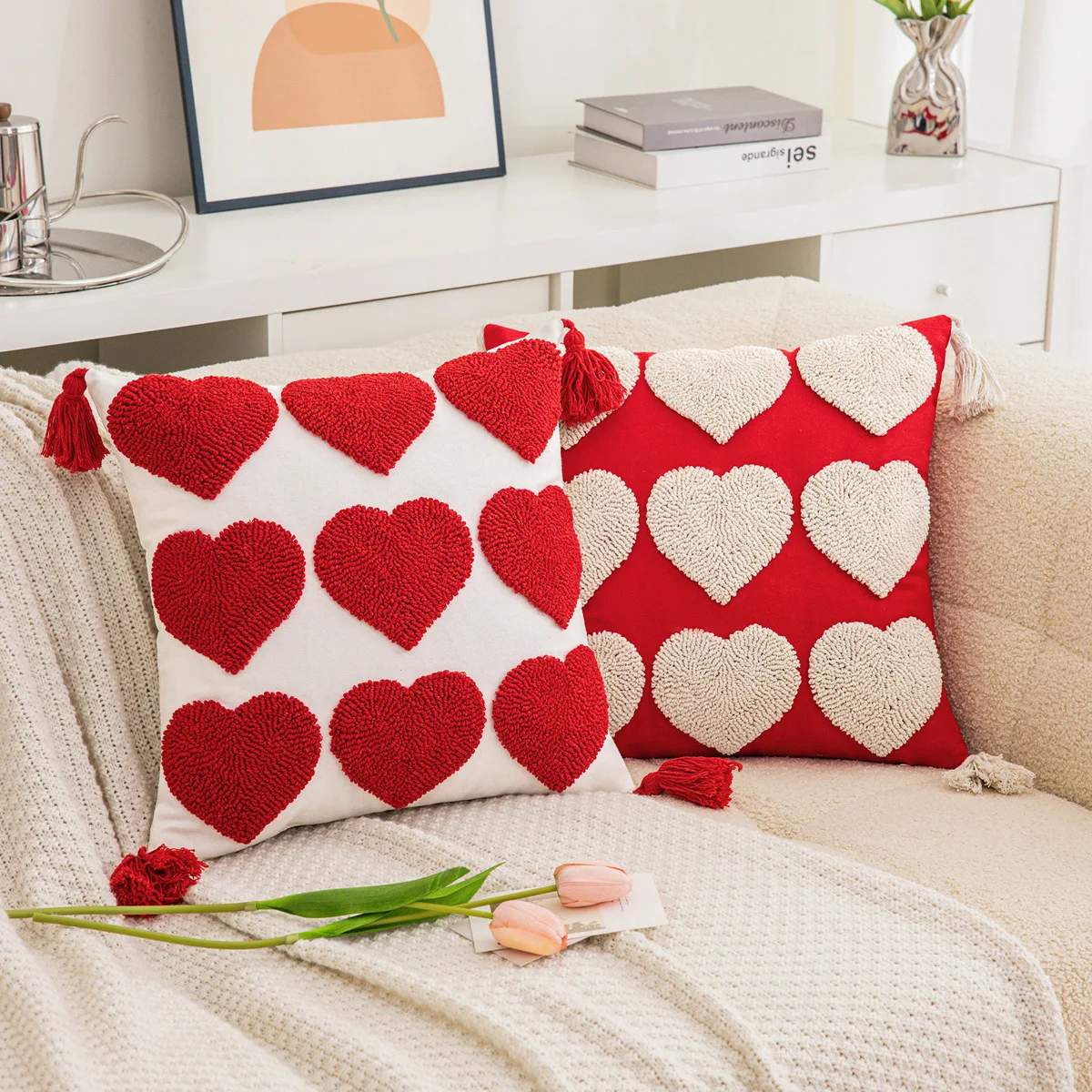 

Valentine's Day Embroidery Love Cute Plush tassel Pillow Living Room Sofa Drift Window Christmas Pillow Cover Cushion