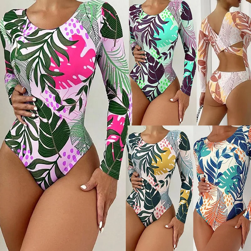 

Nadanbao Surfing Sport Long Sleeves Swimsuit for Women Floral Printed Swimsuit One Piece Sexy Hollow Out Cross Swimwear
