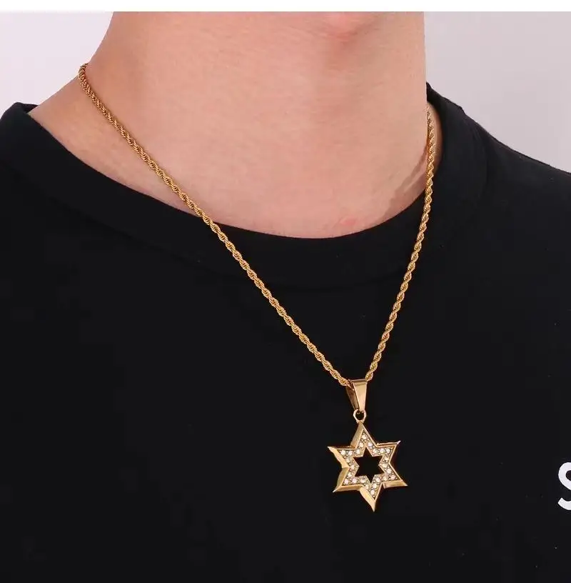 Fashion Hip Hop Star of David Pendant Men's Six Pointed Star Necklace Judaism Shield of David Amulet Jewelry Gift