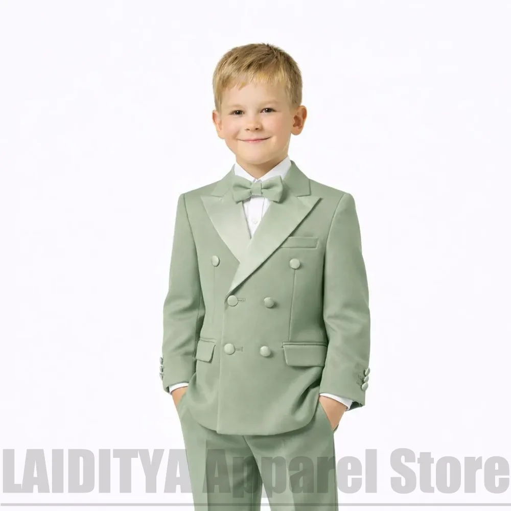 Chic Double Breasted Boys Suit Blazer Pants Kids Ring Bearer Tuxedo Outfit For Summer Beach Wedding Birthday Party Outfit