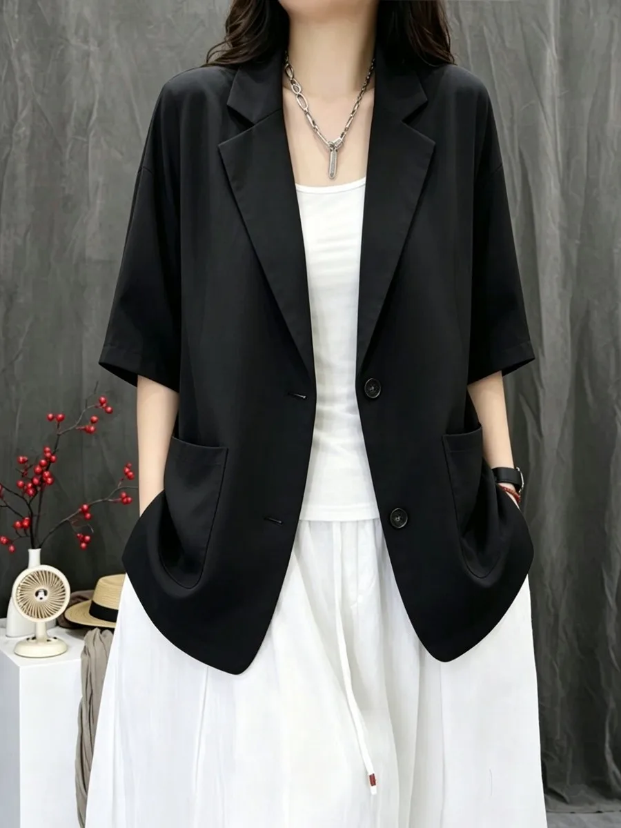 Casual Cotton Linen Women's Short Sleeve Suit Jacket Artistic Large Size Fashion Black White Linen Casual Leisure Top