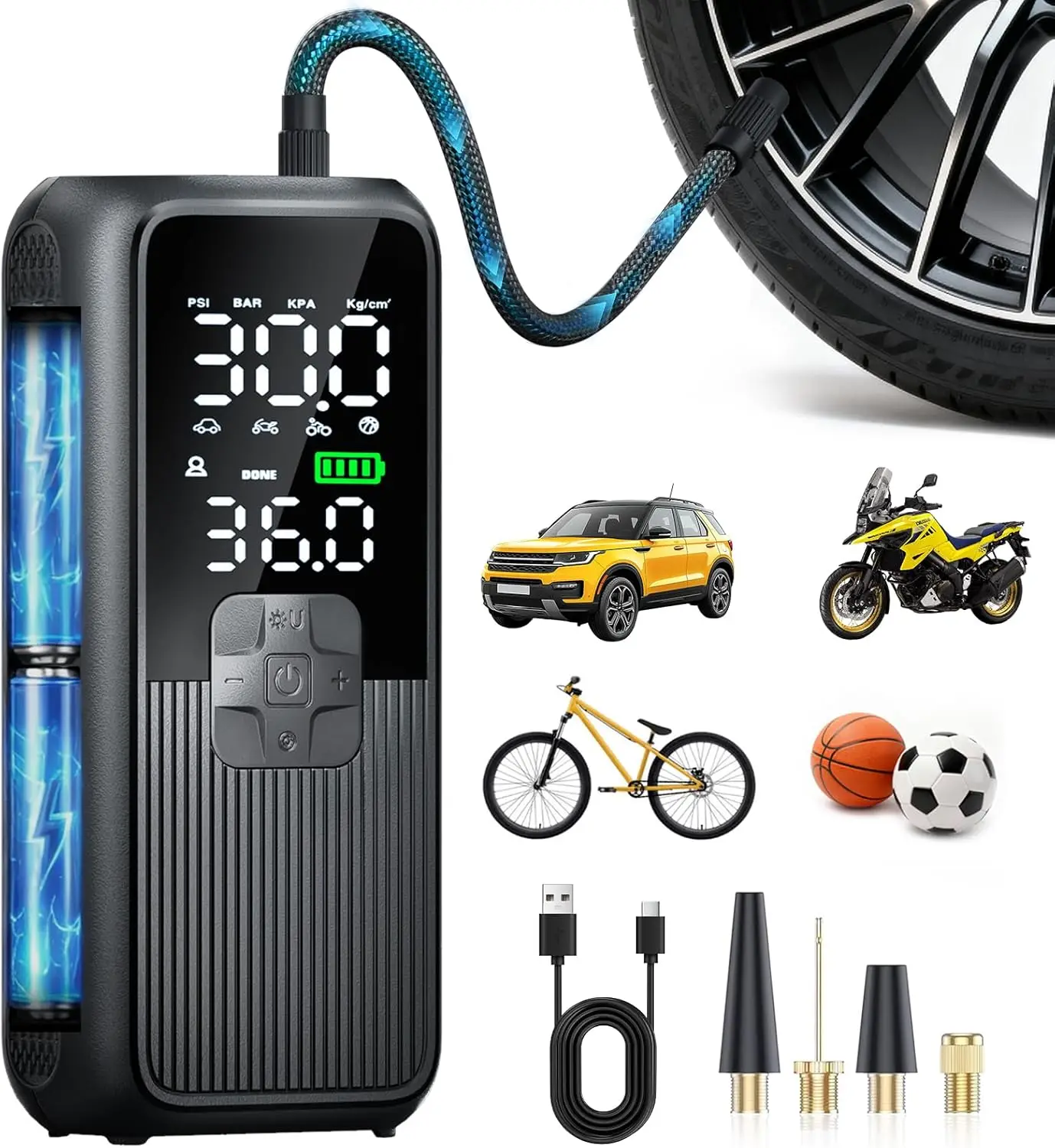 

Portable Air Compressor for Car, Motorcycle, Bike with Pressure Gauge, LED Light & Auto Shut-Off, Up to 150PSI