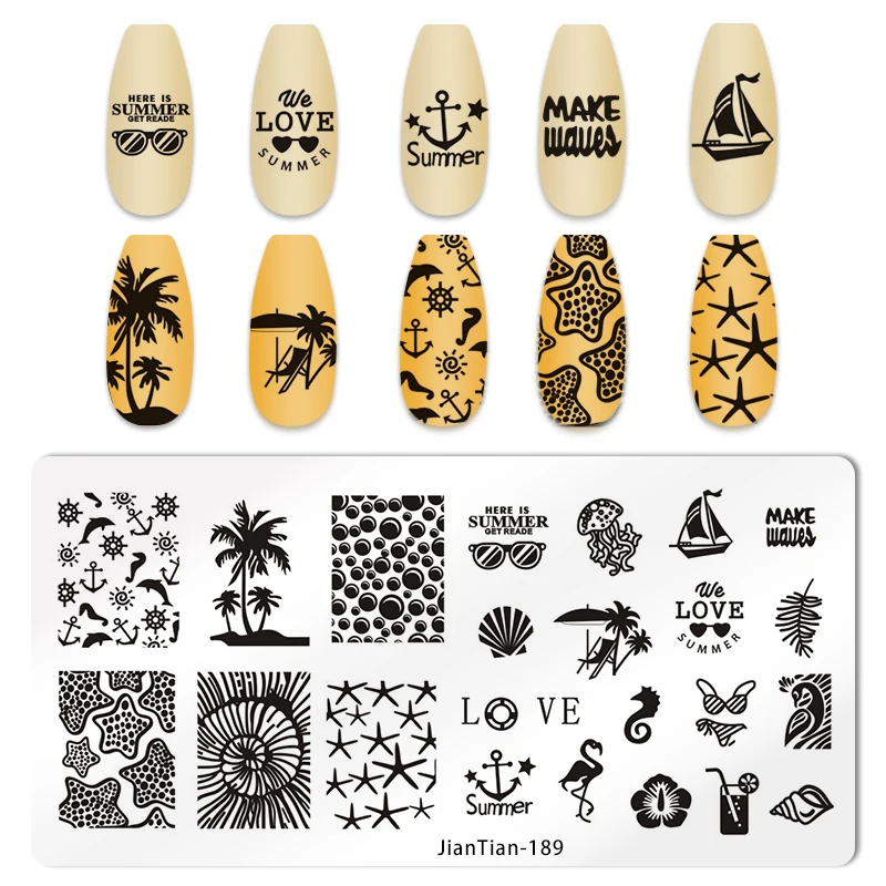 Summer Nail Art Stamp Plate albero di cocco foglia Plam Tree star Flish Stamping Template Beach sea wave Summer theme Manicure Tools