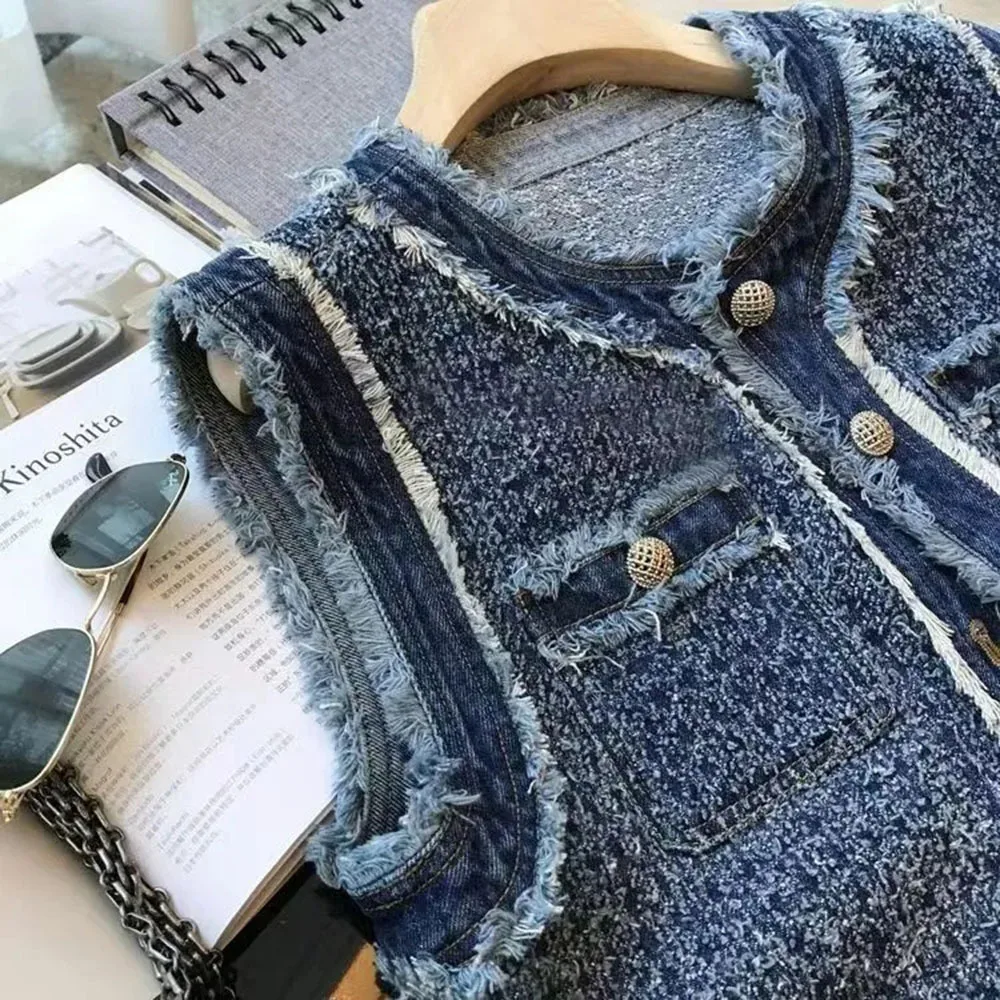 2025 NEW Spring Autumn Flow Sleeveless Tank Top Coat Women Single Breasted Plaid Denim Vest Jacket Female Tassel Elegant Lady