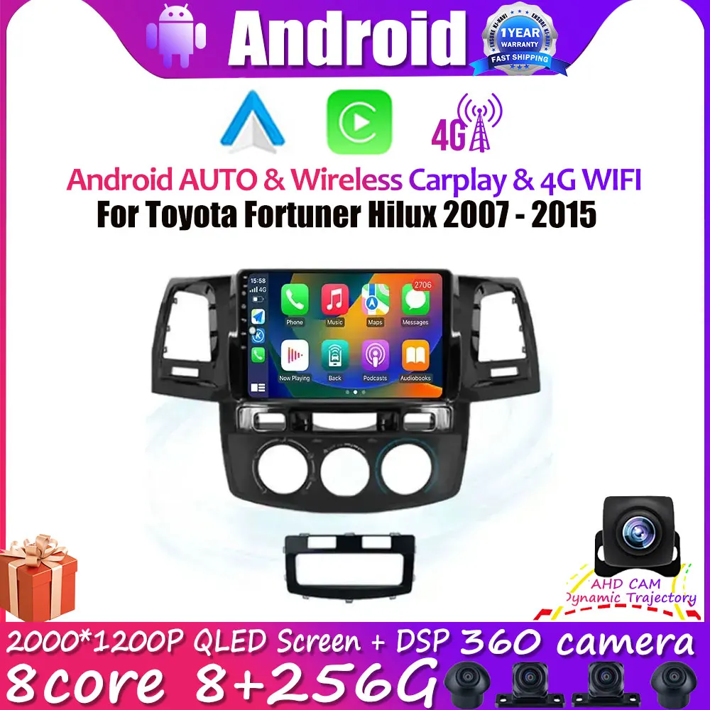 

9" Carplay For Toyota Fortuner Hilux 2007 2008 2012 2014 2015 MT Car Radio Multimedia Video GPS Navigation Android 14 Auto BT